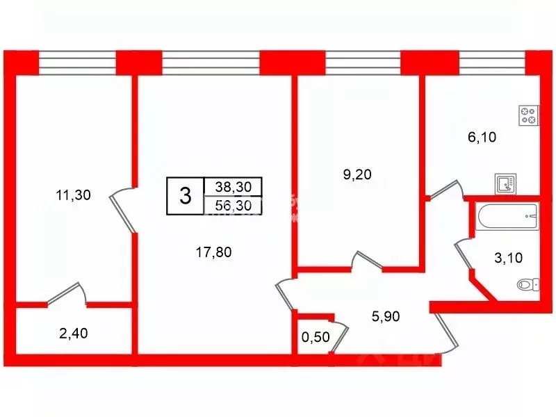3-к кв. Санкт-Петербург ул. Матроса Железняка, 15 (56.3 м) - Фото 1