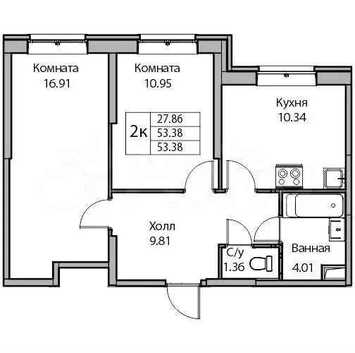 2-к. квартира, 53 м, 1/24 эт. - Фото 1