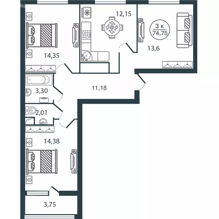 3-комнатная квартира: Тверь, ул. Левитана (74.75 м) - Фото 0