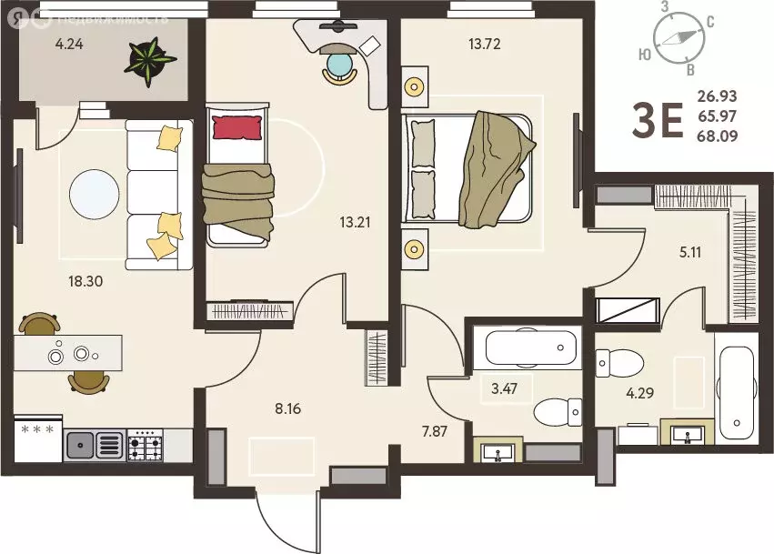 2-комнатная квартира: Курск, микрорайон Курского Завода Тракторных ... - Фото 1