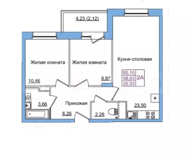 2-к. квартира, 60 м, 7/9 эт. - Фото 0