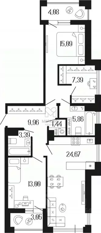 3-к кв. Санкт-Петербург ул. Коли Томчака (84.37 м) - Фото 1