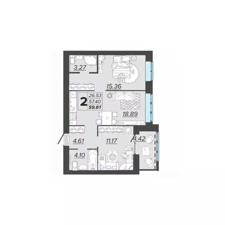 2-к кв. Брянская область, Брянск Архитектор жилой комплекс (59.61 м) - Фото 1