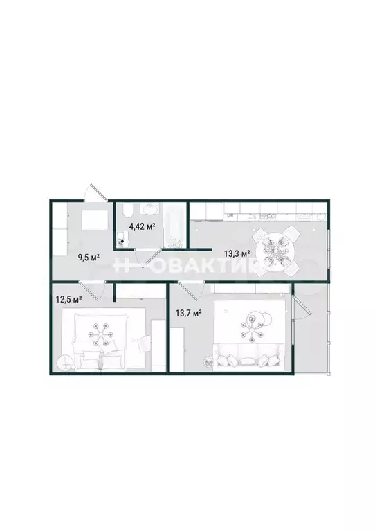 2-к. квартира, 53,4 м, 1/7 эт. - Фото 1