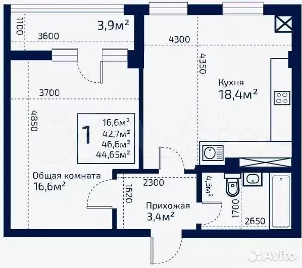 1-к. квартира, 44,7 м, 5/9 эт. - Фото 0