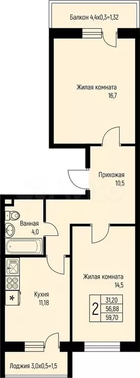 2-к. квартира, 59,7 м, 1/3 эт. - Фото 1