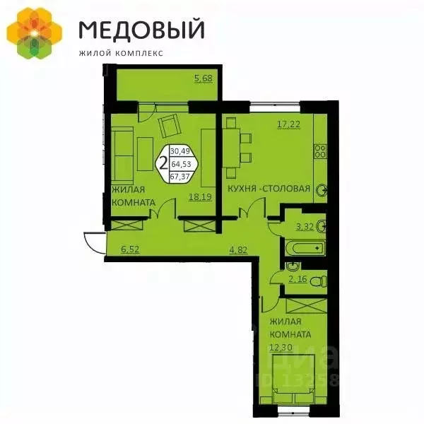 2-к кв. Пермский край, д. Кондратово ул. Г.Н. Нифантова, 4Б (67.37 м) - Фото 0