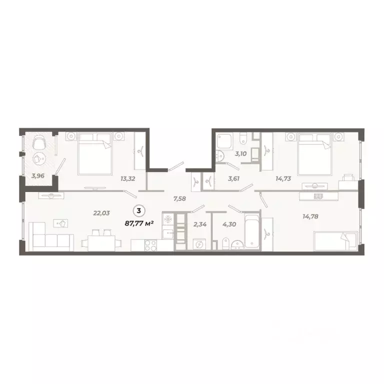 3-к кв. Санкт-Петербург ул. Коли Томчака, 21Д (87.77 м) - Фото 1