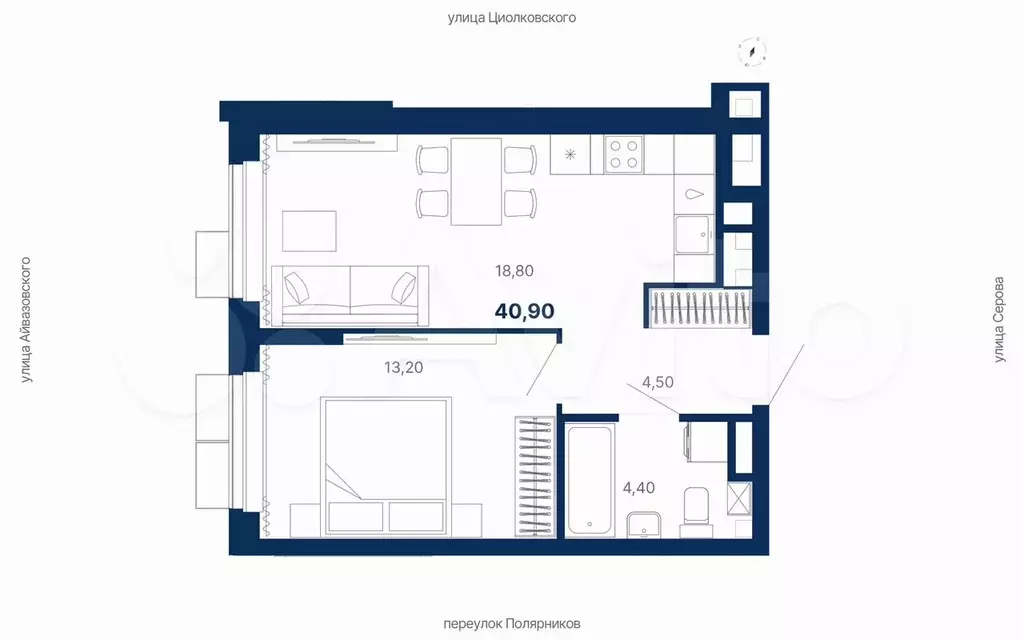 1-к. квартира, 40,9 м, 4/29 эт. - Фото 0