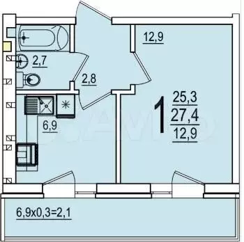 1-к. квартира, 27,4м, 1/5эт. - Фото 0