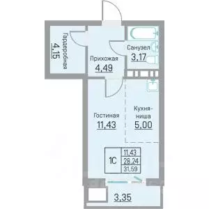 Студия Пермский край, д. Кондратово ул. Водопроводная, 6/4 (31.59 м) - Фото 1
