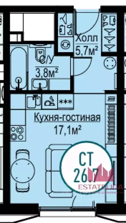 Студия Москва Волгоградский просп., 32/5к4 (27.0 м) - Фото 2