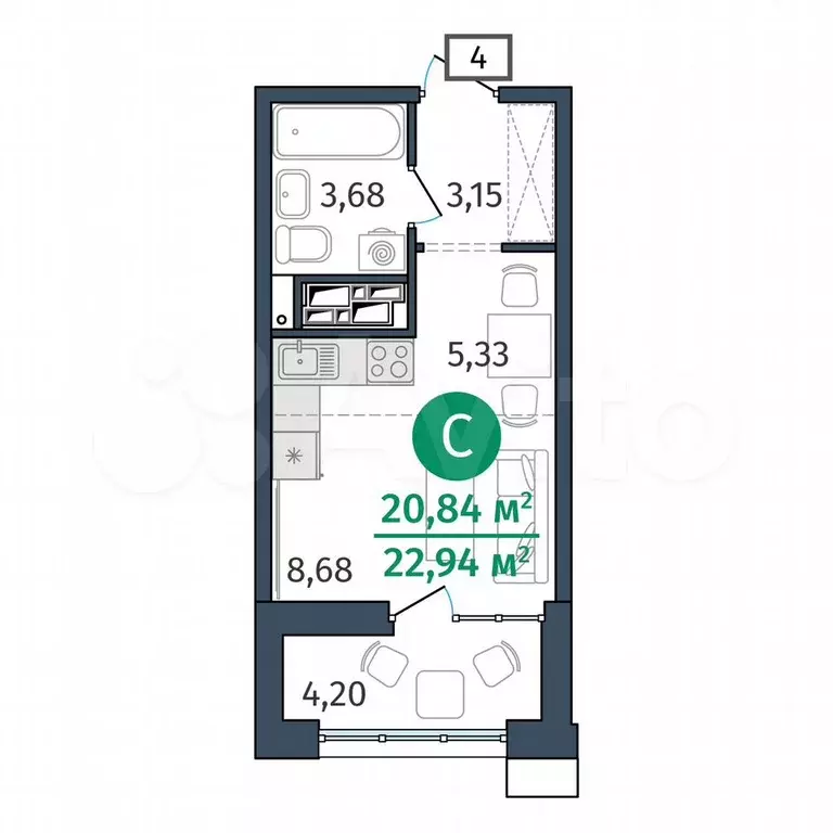 Квартира-студия, 20,8 м, 21/25 эт. - Фото 0