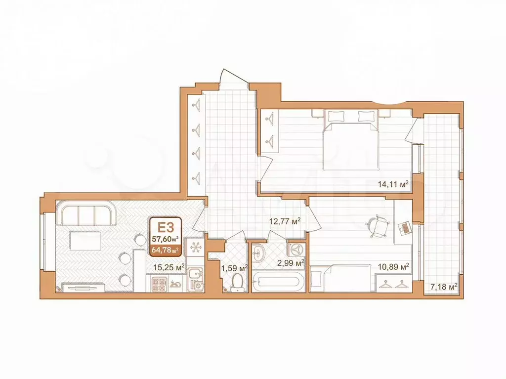 2-к. квартира, 65м, 7/9эт. - Фото 1