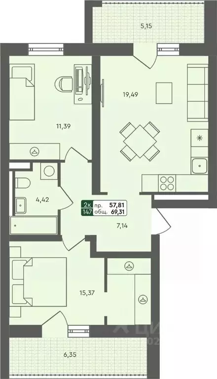 2-к кв. Омская область, Омск Красноярский тракт (69.31 м) - Фото 0