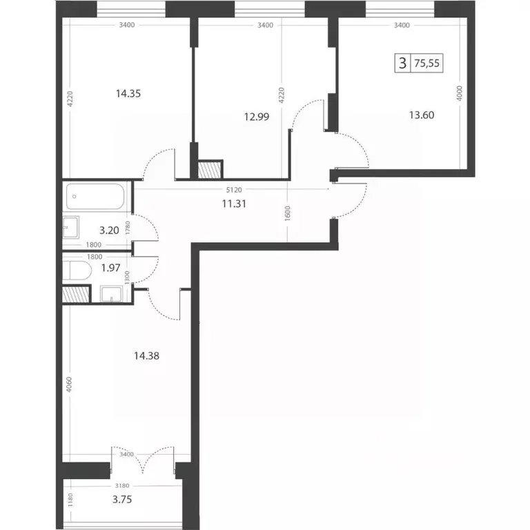 3-к кв. Тверская область, Тверь Южный мкр,  (75.55 м) - Фото 2