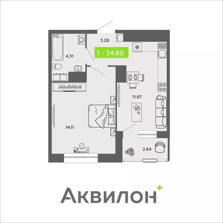 1-комнатная квартира: Архангельск, Нагорная улица (34.89 м) - Фото 0