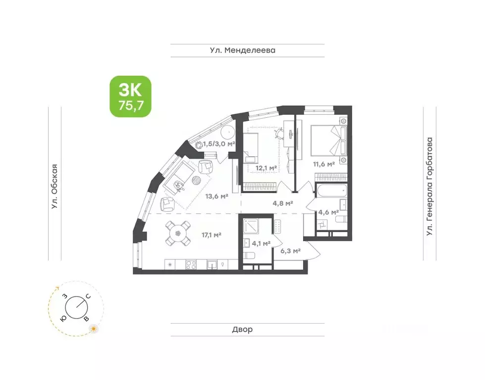 3-к кв. Башкортостан, Уфа Зеленая Роща жилрайон, Конди-Нова жилой ... - Фото 1