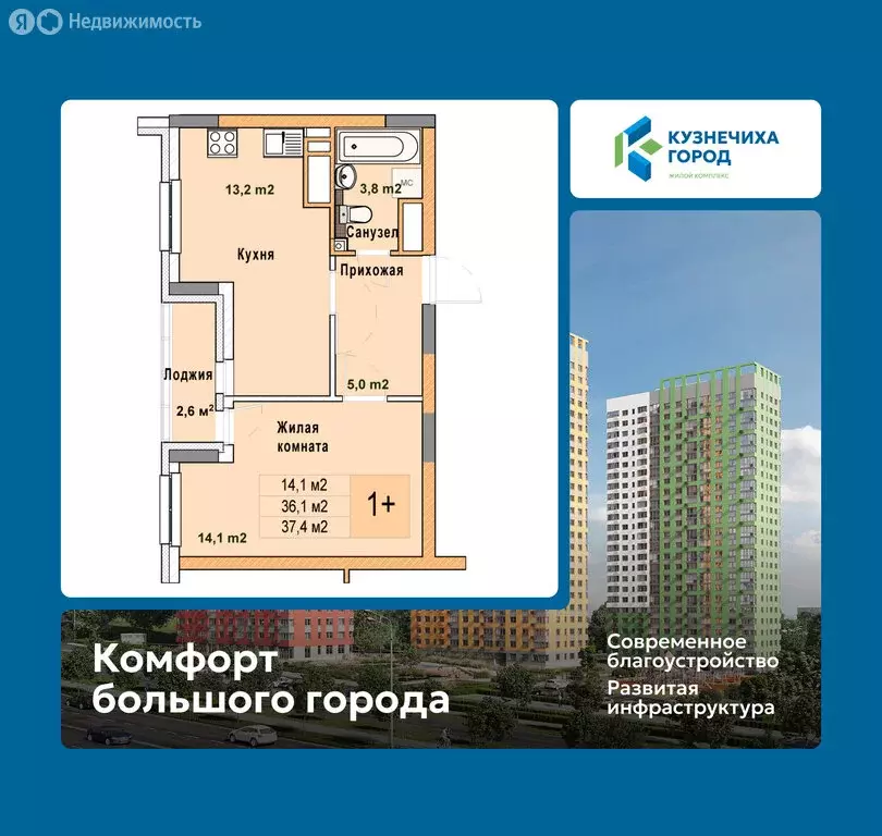 1-комнатная квартира: Нижний Новгород, ЖК Кузнечиха Город, 4 (37.4 м) - Фото 1