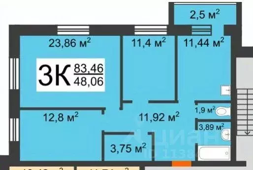 3-к кв. Нижегородская область, Нижний Новгород ул. Ванеева, 40Б (80.3 ... - Фото 1