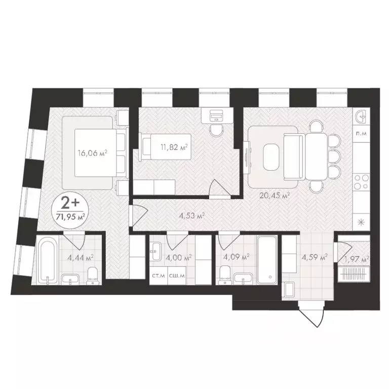 2-к кв. Башкортостан, Уфа Южный-2 мкр,  (71.95 м) - Фото 1