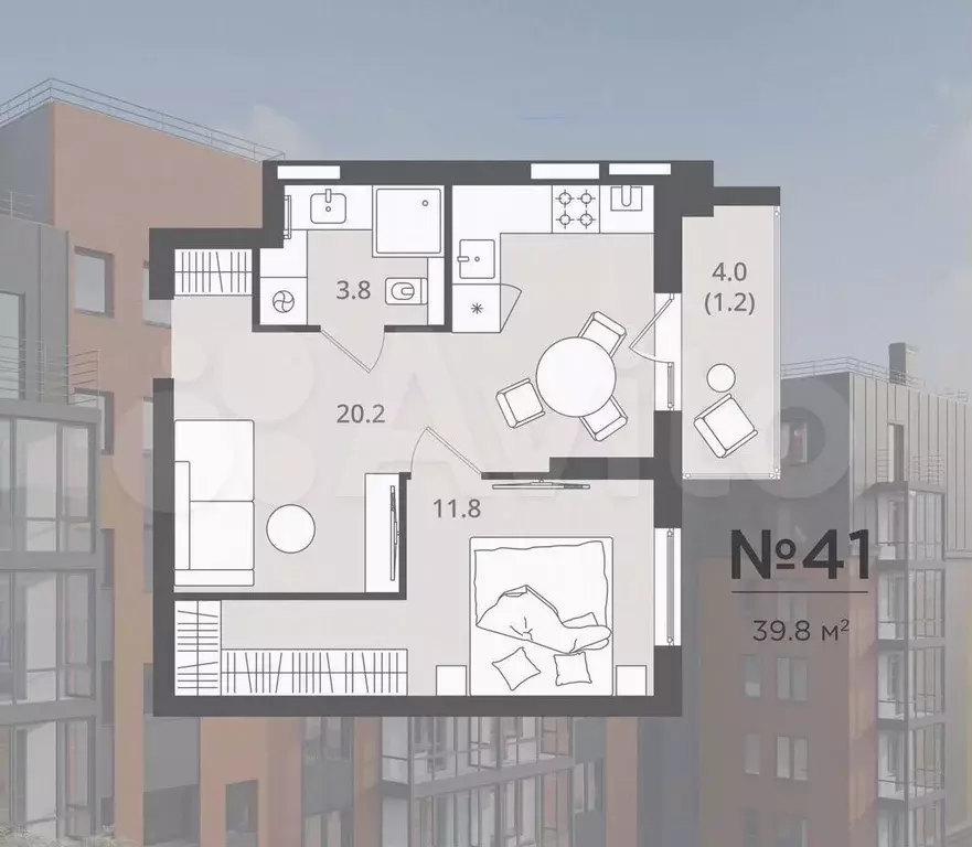 1-к. квартира, 39,8 м, 3/7 эт. - Фото 0