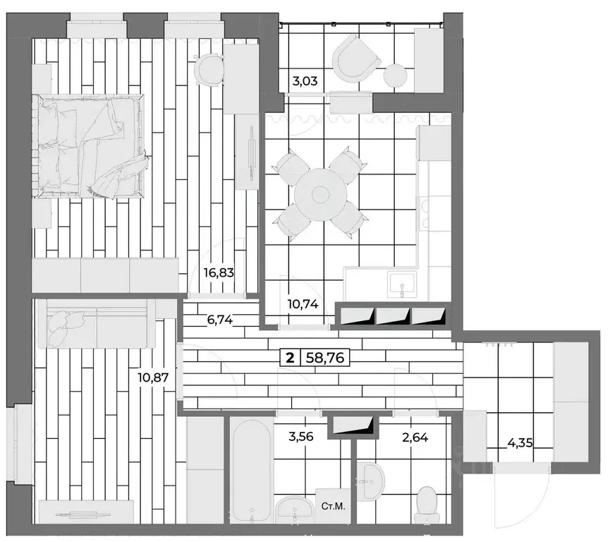 2-к кв. Орловская область, Орел Мясокомбинат мкр,  (57.25 м) - Фото 0