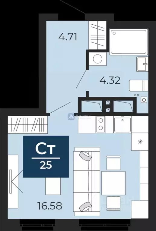 Студия Тюменская область, Тюмень ул. Фармана Салманова, 17 (25.6 м) - Фото 2
