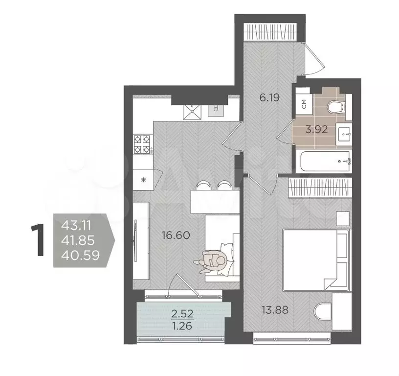 1-к. квартира, 41,9 м, 1/9 эт. - Фото 1