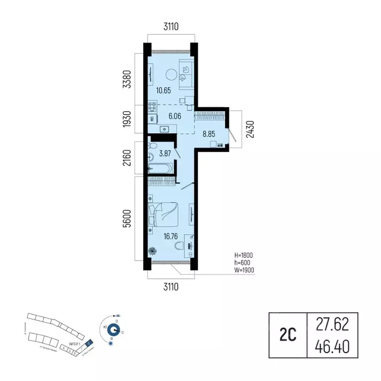 2-к кв. Башкортостан, Уфа Глумилино-1 мкр, Новатор жилой комплекс ... - Фото 1