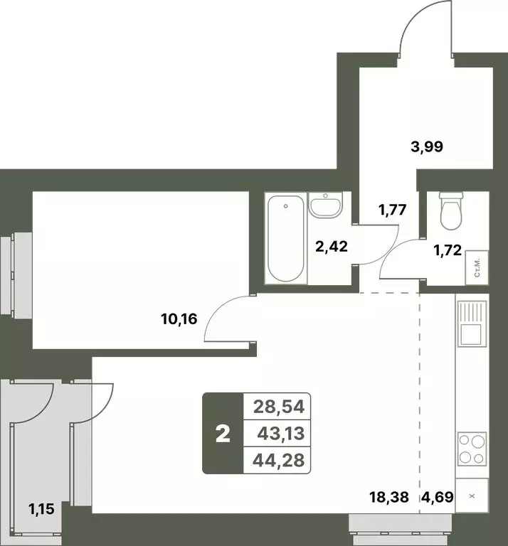 2-комнатная квартира: Уфимский район, село Миловка (44.28 м) - Фото 0