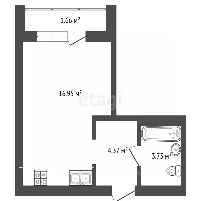Студия Тюменская область, Тюмень ул. Василия Малкова, 12 (28.6 м) - Фото 2