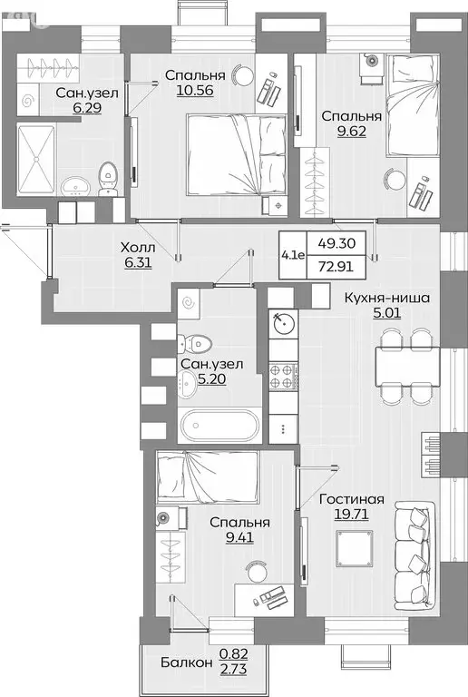 4-комнатная квартира: Казань, ЖК Батталовский (72.91 м) - Фото 1