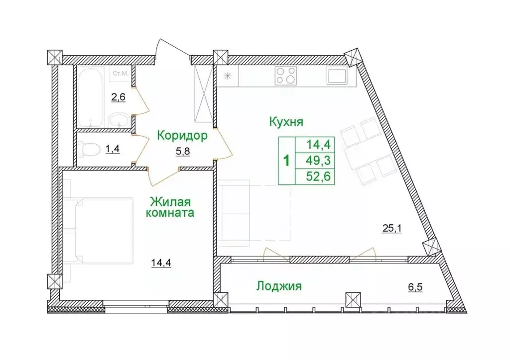 1-к кв. Белгородская область, Старый Оскол Космос мкр, 11 (52.6 м) - Фото 0