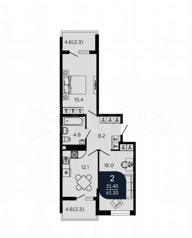 2-к. квартира, 61 м, 22/22 эт. - Фото 0