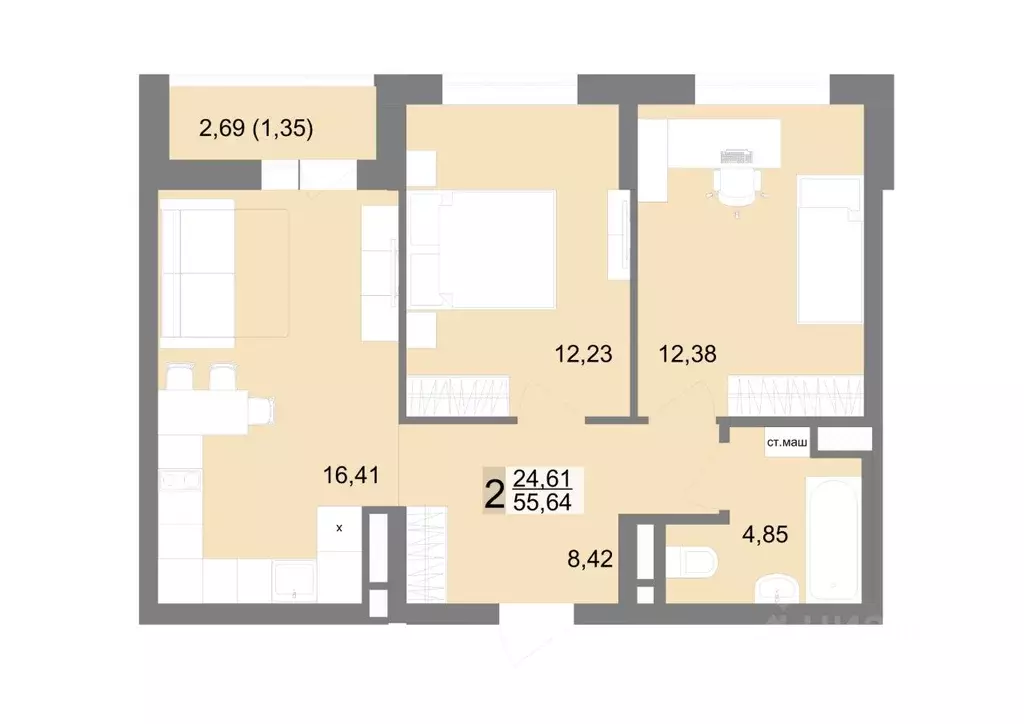 2-к кв. Свердловская область, Екатеринбург ул. Тенистая, 8с5 (55.64 м) - Фото 1