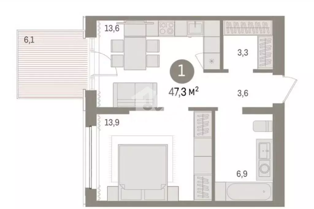 1-комнатная квартира: Краснообск, Центральная улица, 10 (47 м) - Фото 1