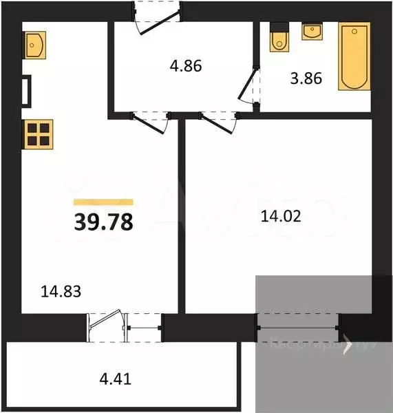 1-к. квартира, 39,8 м, 4/4 эт. - Фото 0