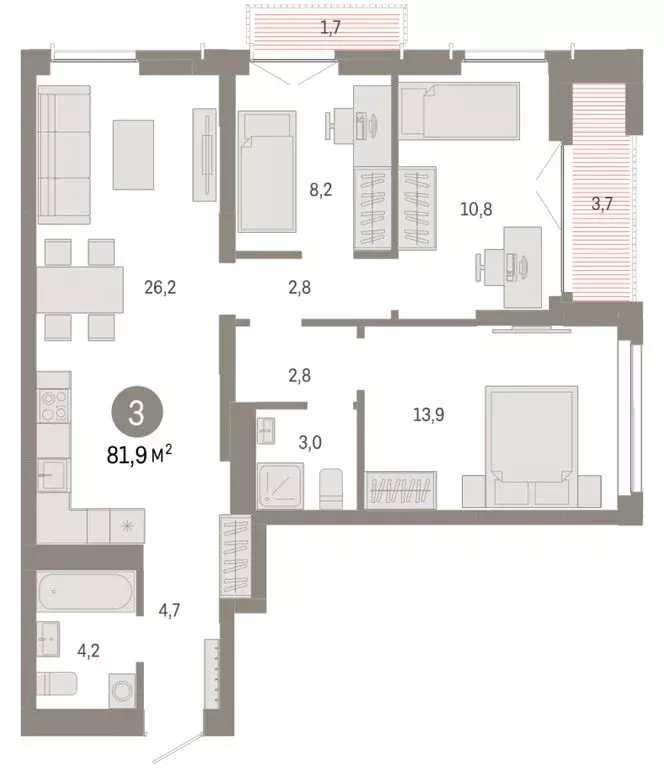 3-комнатная квартира: Новосибирск, Большевистская улица, 66 (81.92 м) - Фото 2