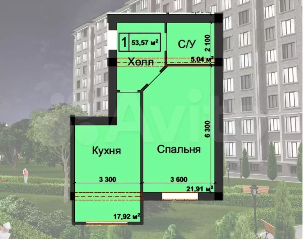 1-к. квартира, 53,6 м, 3/10 эт. - Фото 0