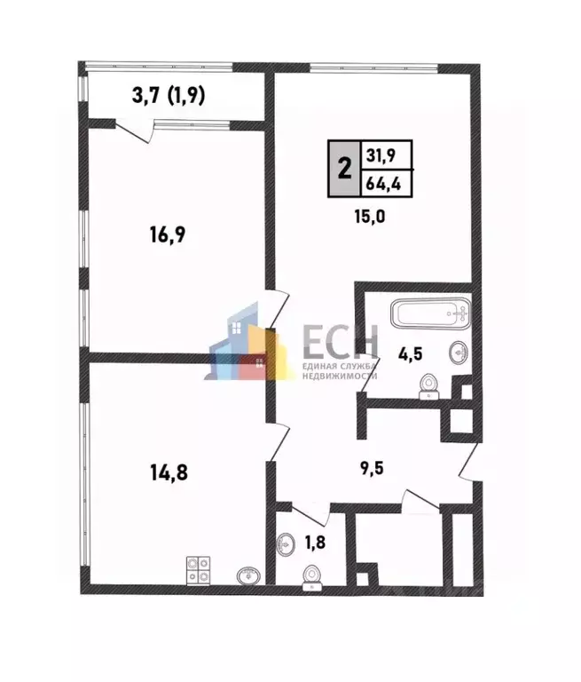 2-к кв. Москва Шелепихинская наб., 38к5 (64.4 м) - Фото 2