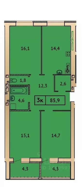 3-к кв. Ивановская область, Иваново Солнечная ул., 23 (85.9 м) - Фото 1