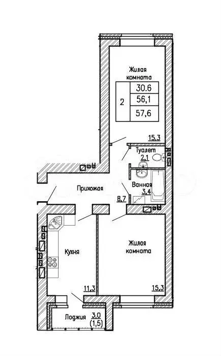 2-к. квартира, 57,6м, 15/16эт. - Фото 0
