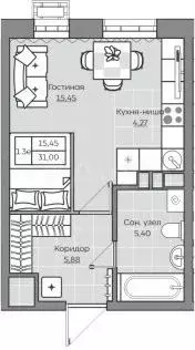 Квартира-студия, 31м, 4/13эт. - Фото 1