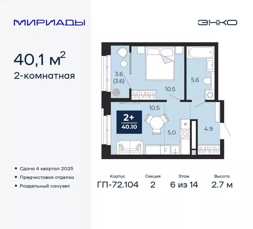 2-комнатная квартира: Тюмень, жилой комплекс Мириады (40.1 м) - Фото 0