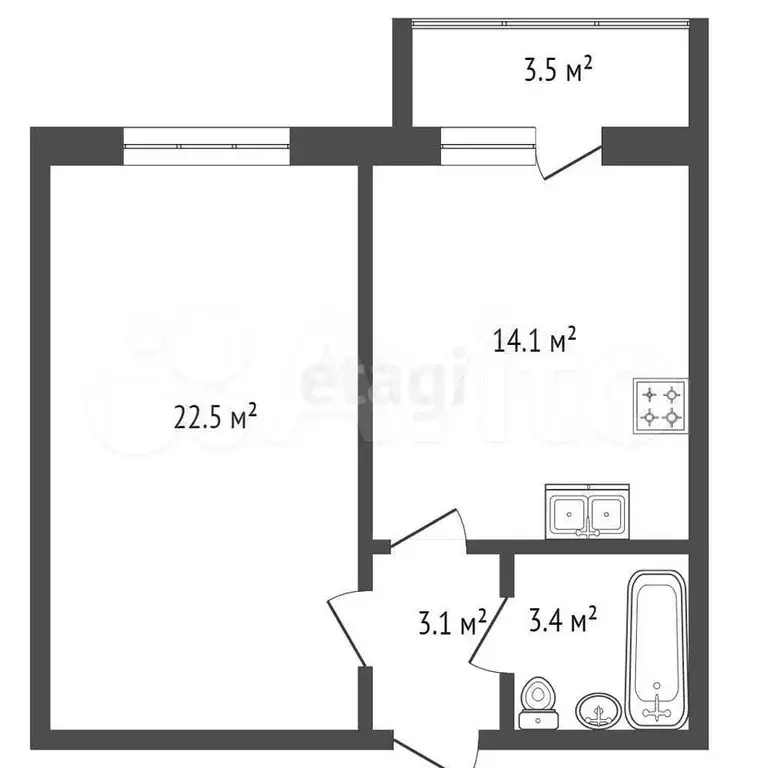 1-к. квартира, 43,5 м, 5/5 эт. - Фото 0