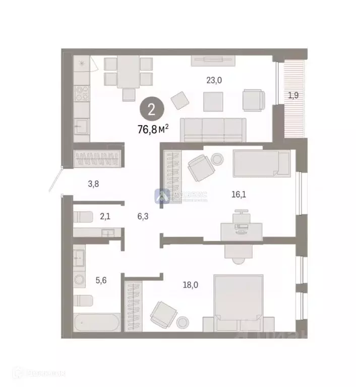 2-к кв. Тюменская область, Тюмень ул. Республики, 205к1 (76.76 м) - Фото 1