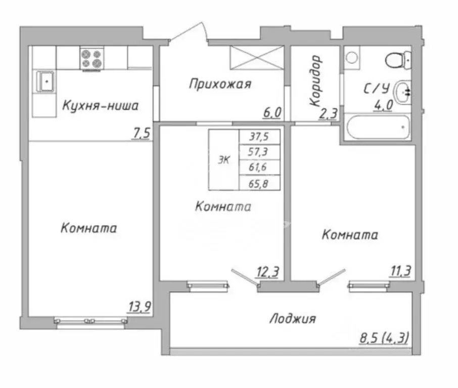 3-к кв. Алтайский край, Барнаул ул. 6-я Нагорная, 15Г/7 (65.8 м) - Фото 2