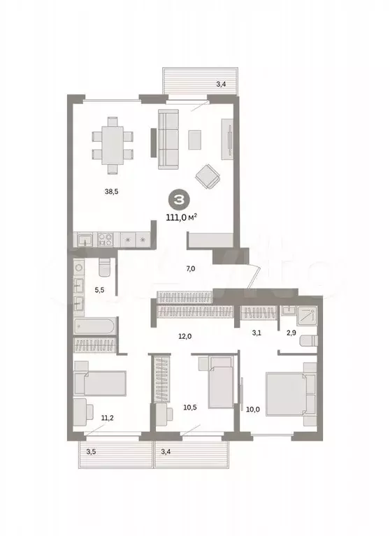 3-к. квартира, 111 м, 4/9 эт. - Фото 0
