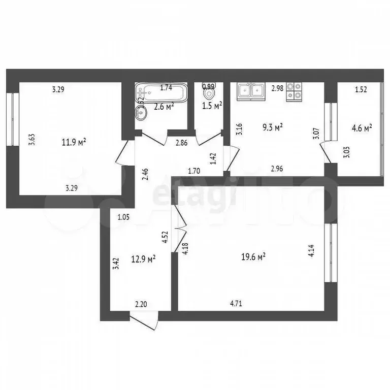 2-к. квартира, 57,8 м, 8/9 эт. - Фото 0